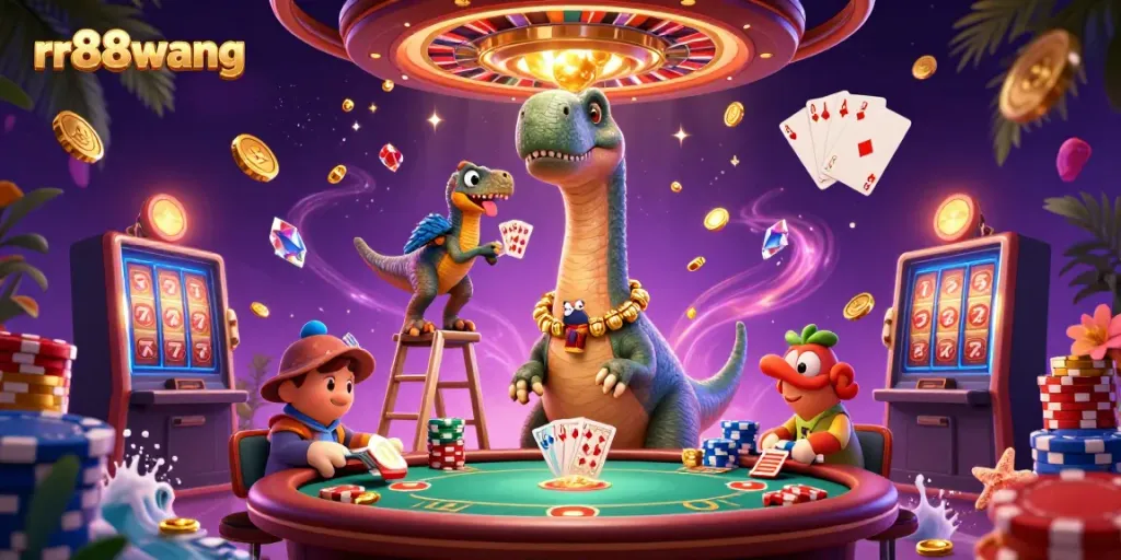 Experience the thrilling rr88wang casino with a giant brontosaurus and clever raptor in a dynamic gaming scene.