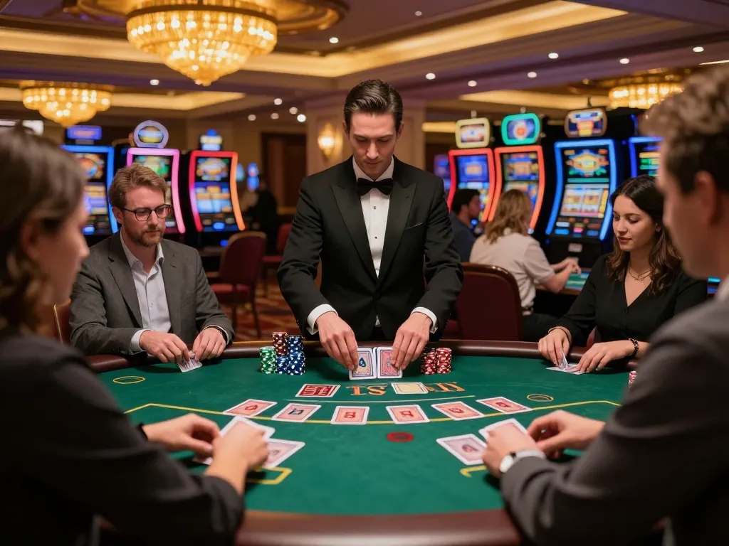 A thrilling may88 blackjack game in an upscale casino featuring intense players and elegant decor.