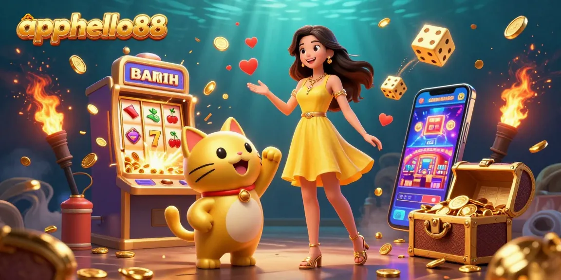 Experience the excitement of apphello88 with a vibrant 3D illustration showcasing a joyful Asian woman and a lucky cat amidst a jackpot explosion.