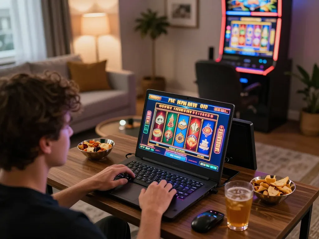 Engaging gameplay on GO8 online casino with colorful slot machine graphics and a cozy home atmosphere