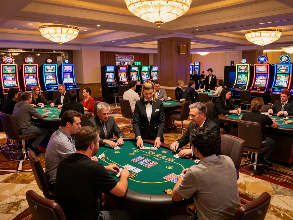 Players enjoying thrilling gameplay at HITCLUB casino tables, strategizing poker hands under warm lighting