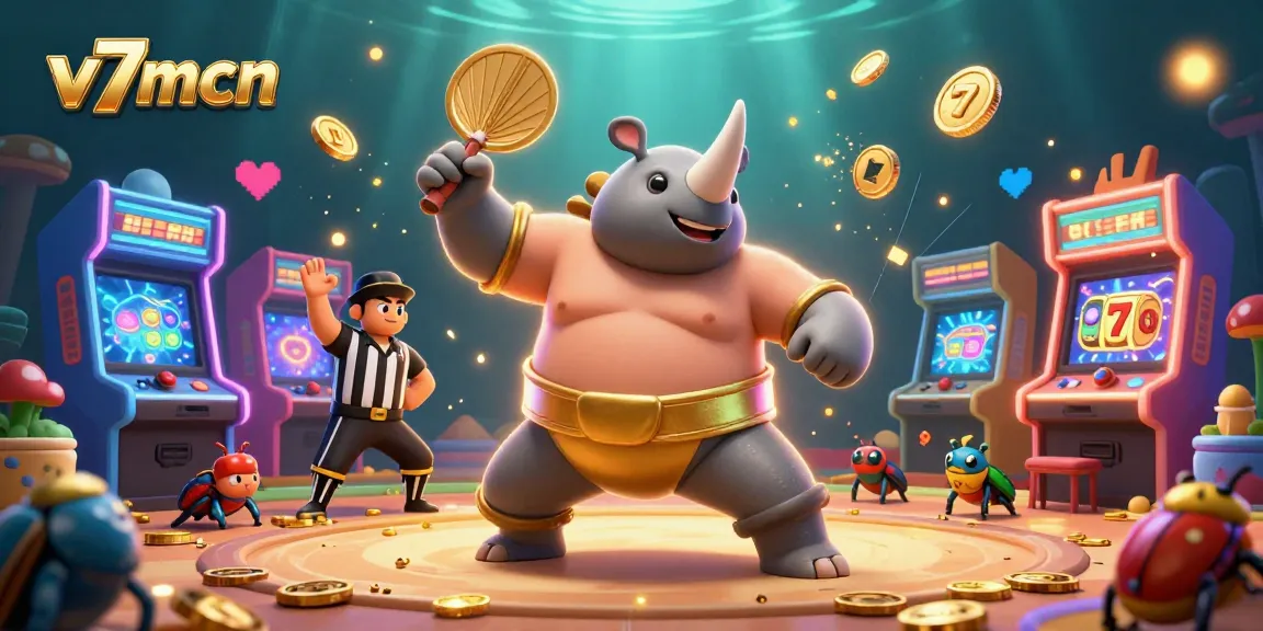 Experience the thrill of winning as v7mcn’s sumo champion beetle dominates the casino with golden coins.