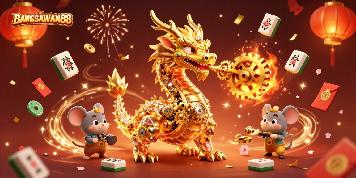 BANGSAWAN88 features a mechanical dragon immersed in vibrant casino elements amid a festive atmosphere.