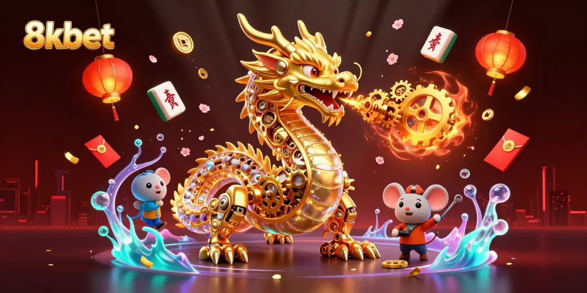 Engage with the exciting 8kbet casino world featuring a detailed golden dragon and vibrant gaming elements.