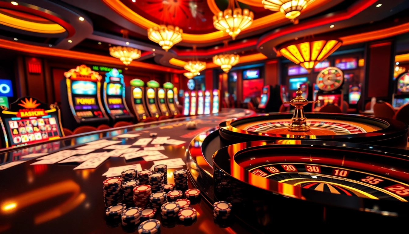 Experience excitement and luxury at https://8kbet3.com/ with vibrant gambling scenes featuring casino tables and slot machines.