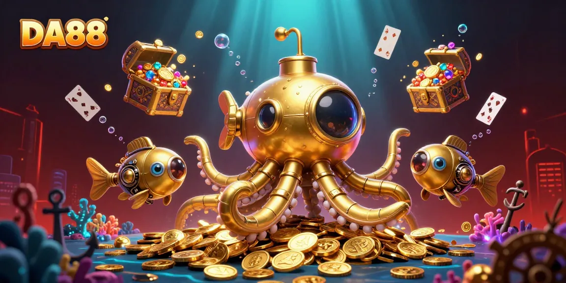 Experience thrilling gameplay with DA88, featuring a vibrant underwater scene of golden coins and animated kraken.