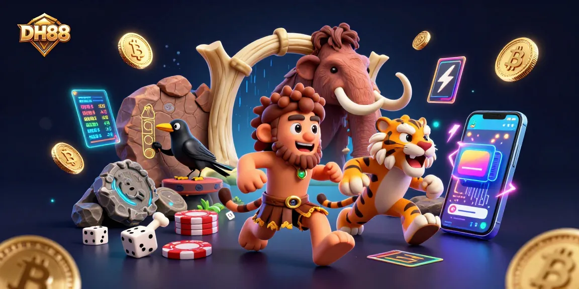 Engage with DH88's dynamic casino scene featuring a playful caveman and sabertooth tiger.
