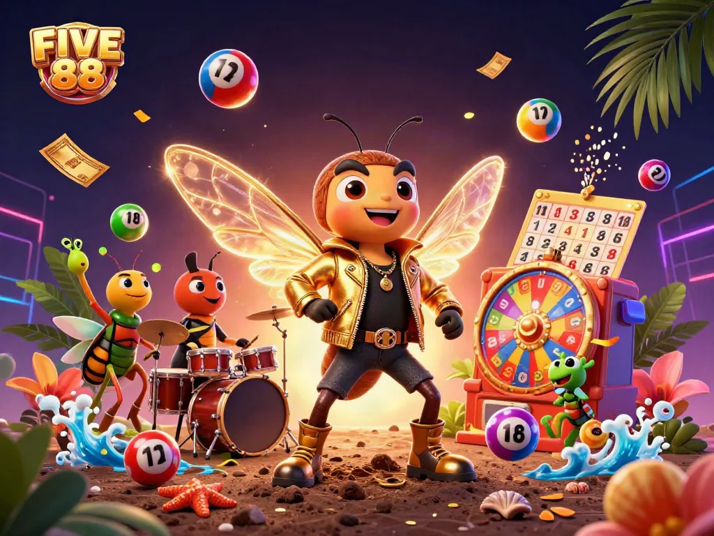 Engage in the excitement of FIVE 88 with a cicada rock star and vibrant gaming elements.