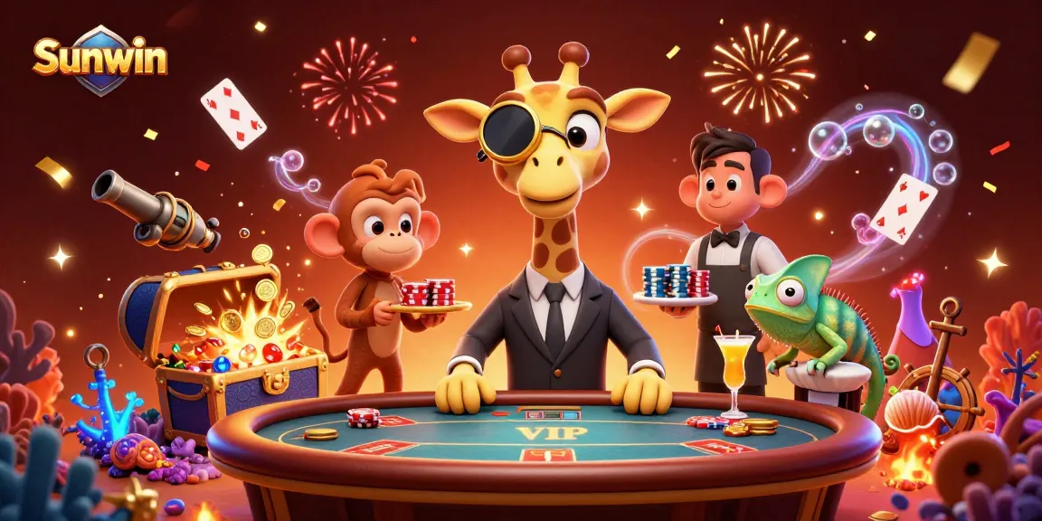 Experience thrilling gaming at Sunwin with this vibrant casino scene featuring unique characters and dynamic elements.