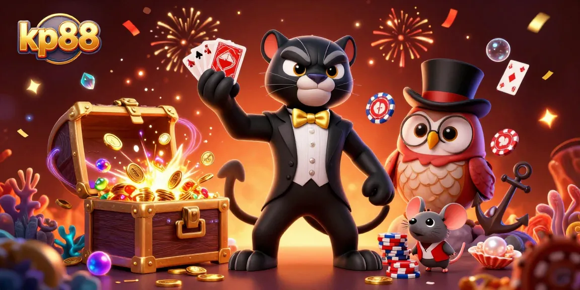 Engage in thrilling action at kp88 with a stylish black panther dealer, enchanting owl, and lucky mouse surrounded by colorful casino elements.
