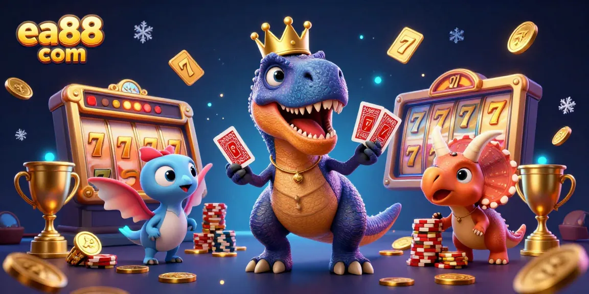 Engage in thrilling slots at ea88 com with a vibrant scene featuring a T-Rex, cards, and golden chips.