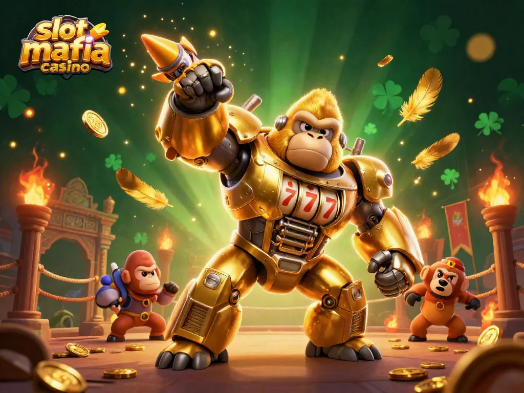 Experience thrilling action at slot mafia casino with a dynamic 3D illustration showcasing golden gorillas and excitement.