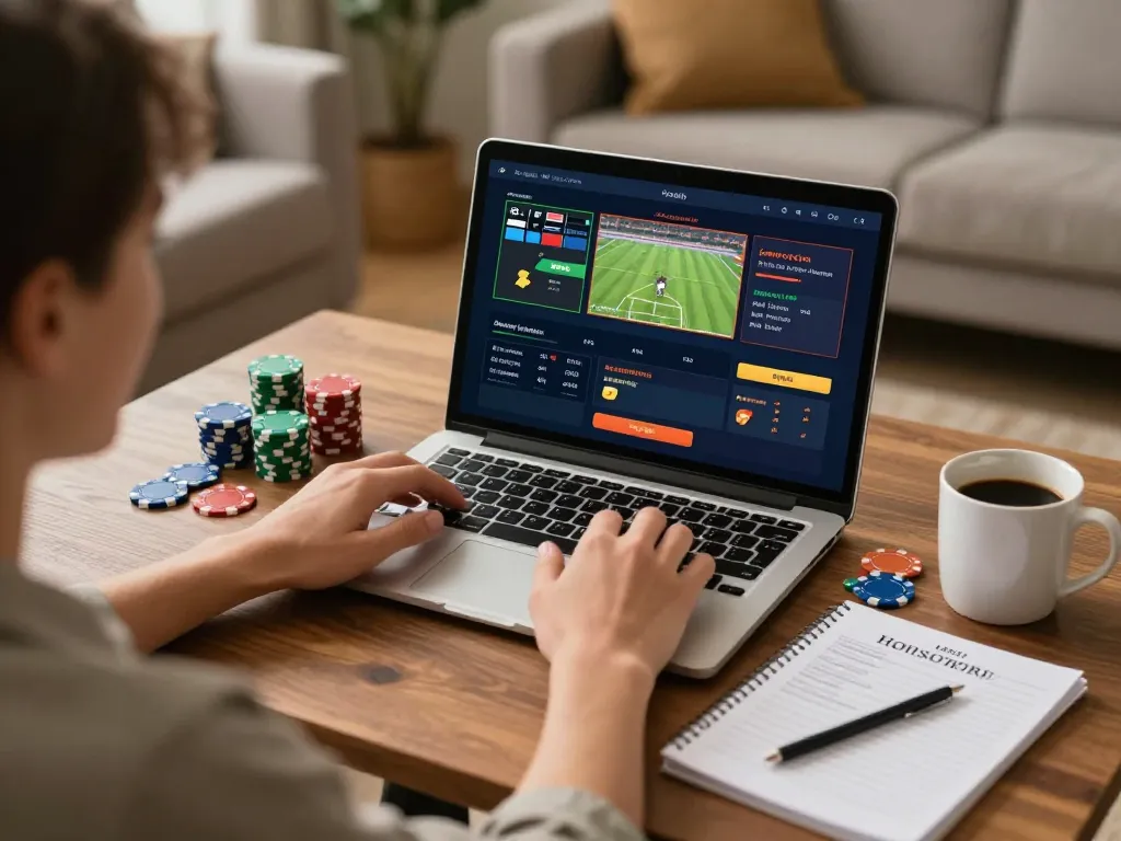 Engaging with 9bet online gaming, placing bets in a cozy home setting while enjoying a sports event.