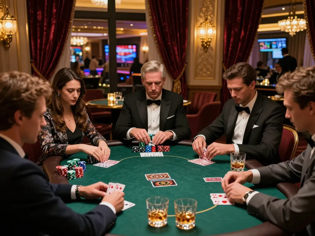 Engaged in strategic gameplay, VIN88 poker players analyze their hands in an upscale lounge.