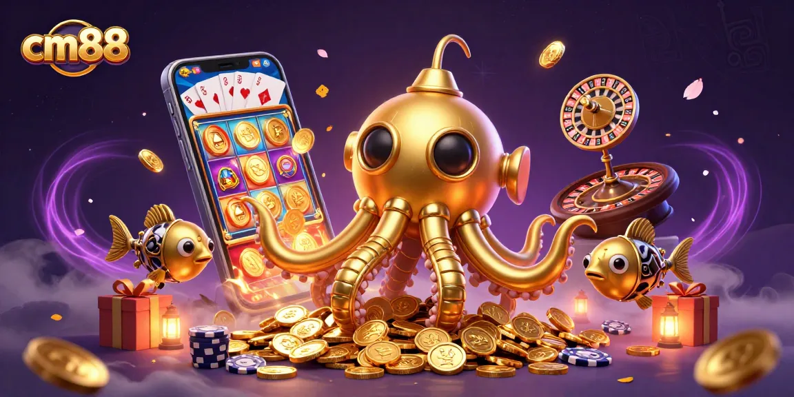 Experience thrilling gaming and slots at cm88 with golden kraken submarine amidst rich casino elements.