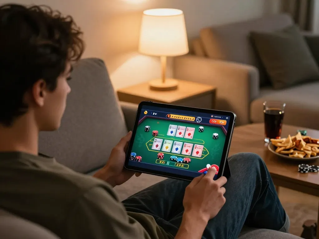 Player enjoying blackjack on 789Club's mobile app in a cozy home atmosphere