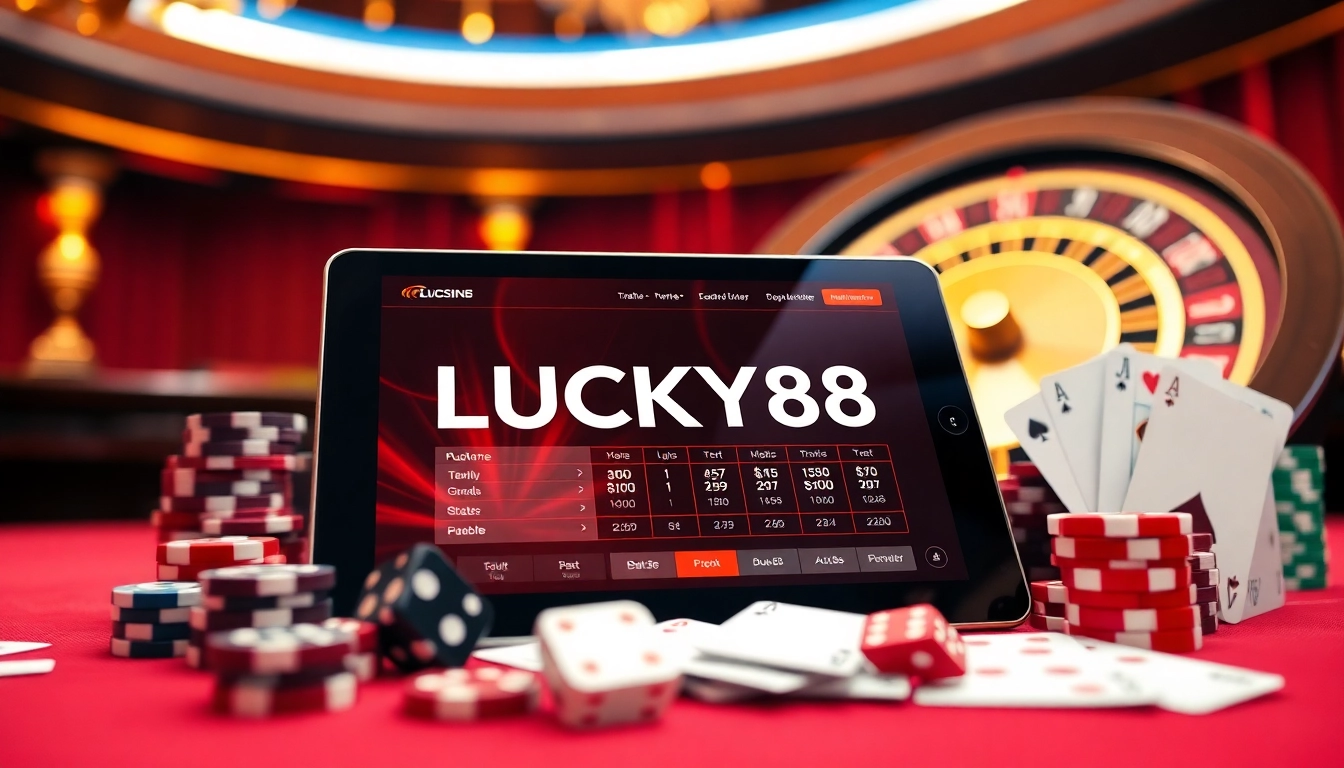 Experience the excitement of LUCKY88 online casino gaming, featuring vibrant casino elements.