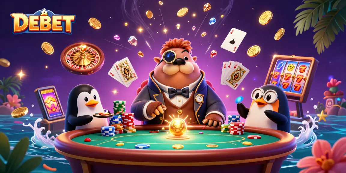 DEBET players enjoy an exciting poker game with vibrant characters and casino elements.