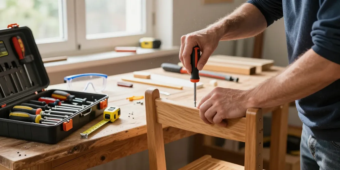 Lavoro di riparazione con cacciavite a croce su sedia in legno