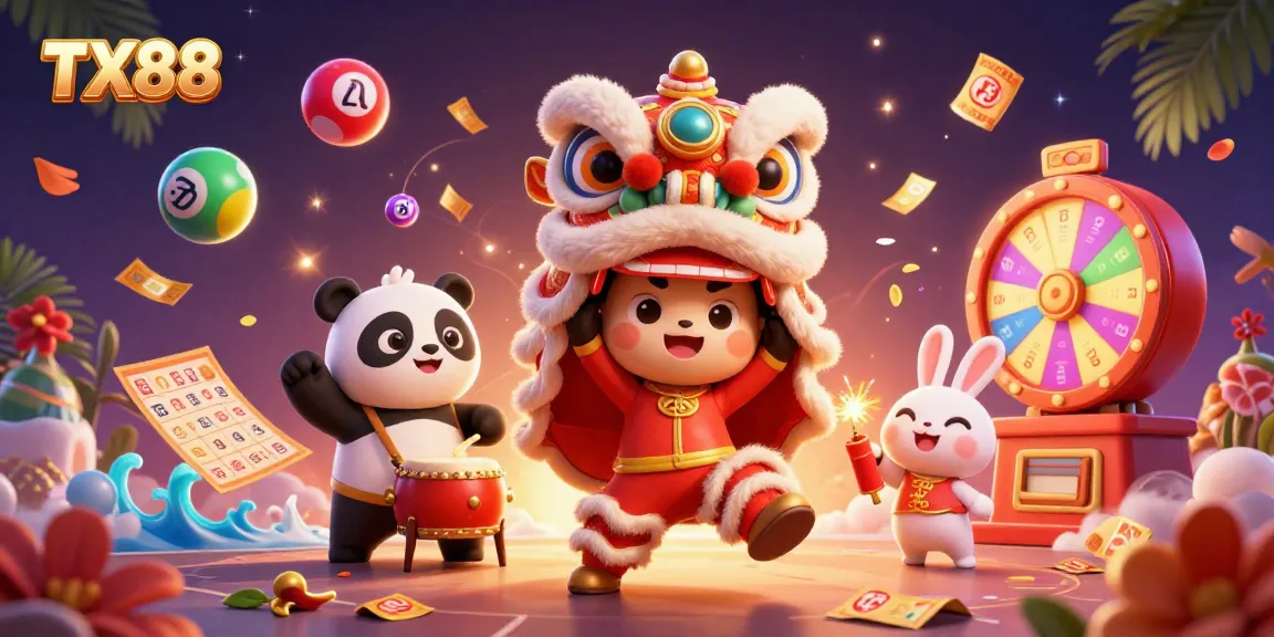 TX88 engages players with a vibrant 3D illustration of a festive casino scene featuring colorful lottery balls and dynamic game elements.