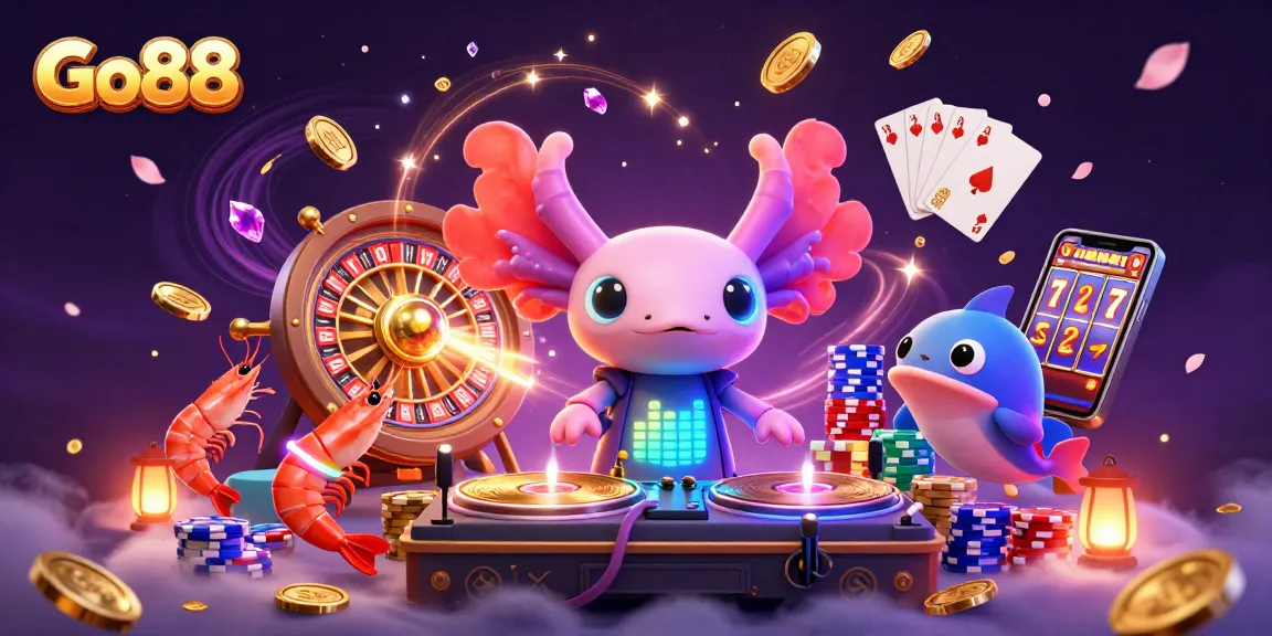 Experience thrilling wins at Go88 with a vibrant underwater DJ party scene featuring neon characters and casino elements.