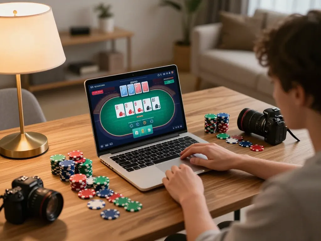 Player engaging in an exciting poker game online with okwin, colorful chips spread on the desk.