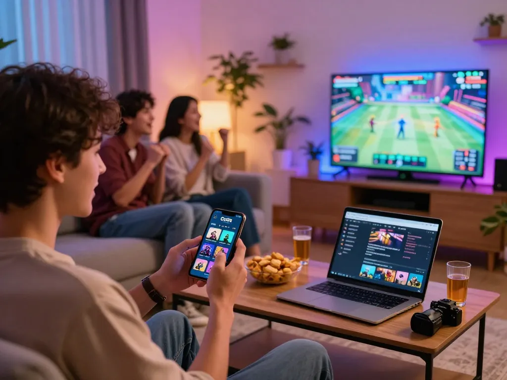 Engaging scene to tải go88 with friends enjoying gaming in a vibrant living room.