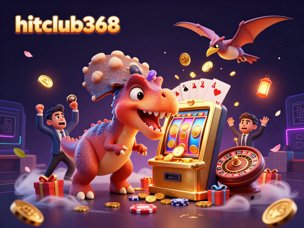 Win big at hitclub368 with a dazzling 3D casino scene featuring dinosaurs, slot machines, and coins.