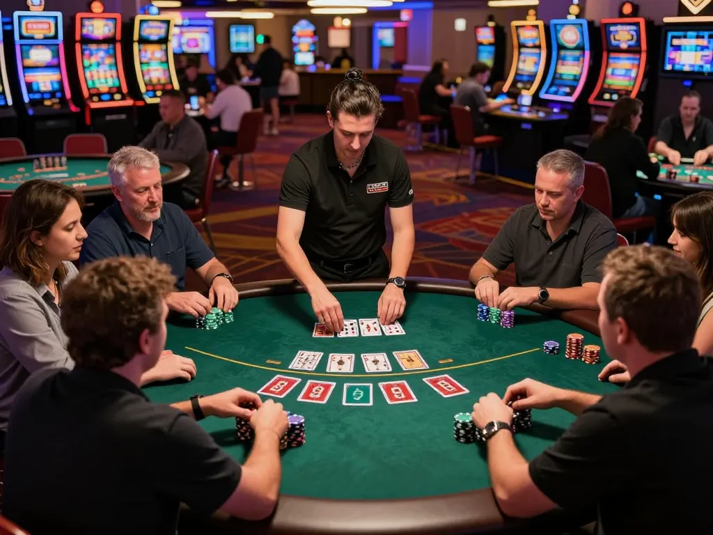 Exciting blackjack action at a casino table with players and chips, showcasing strategic gameplay and DA88.