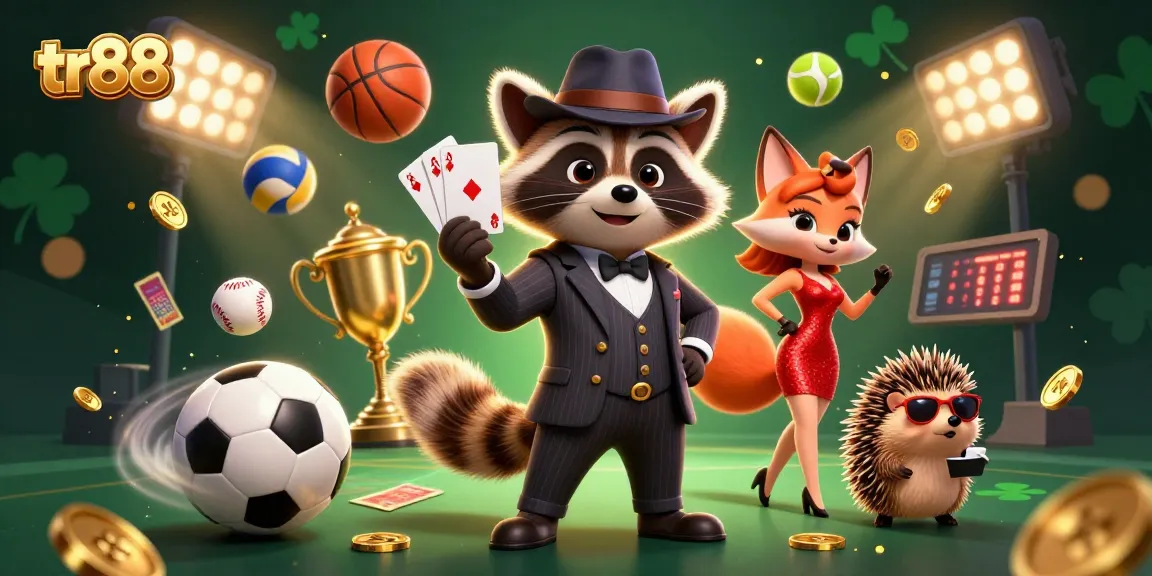 Experience thrilling gameplay at tr88 with a raccoon holding a royal flush among dynamic sports elements.