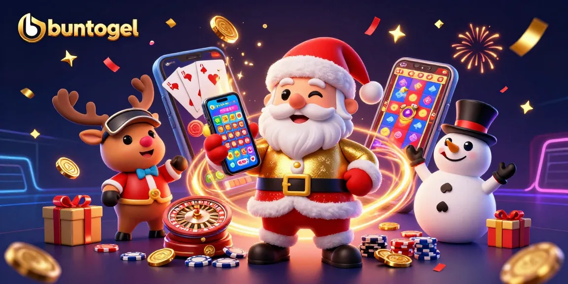 Buntogel players spinning slots with Santa, reindeer, and snowman in a colorful casino scene.