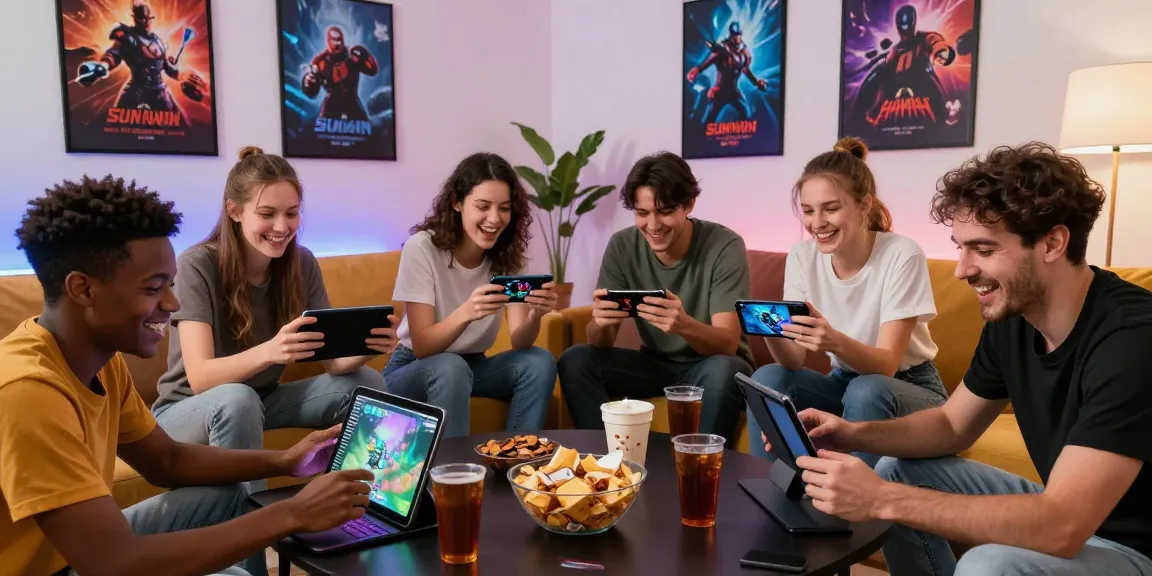 Friends enjoying Sun win game on devices in a lively gaming setup.