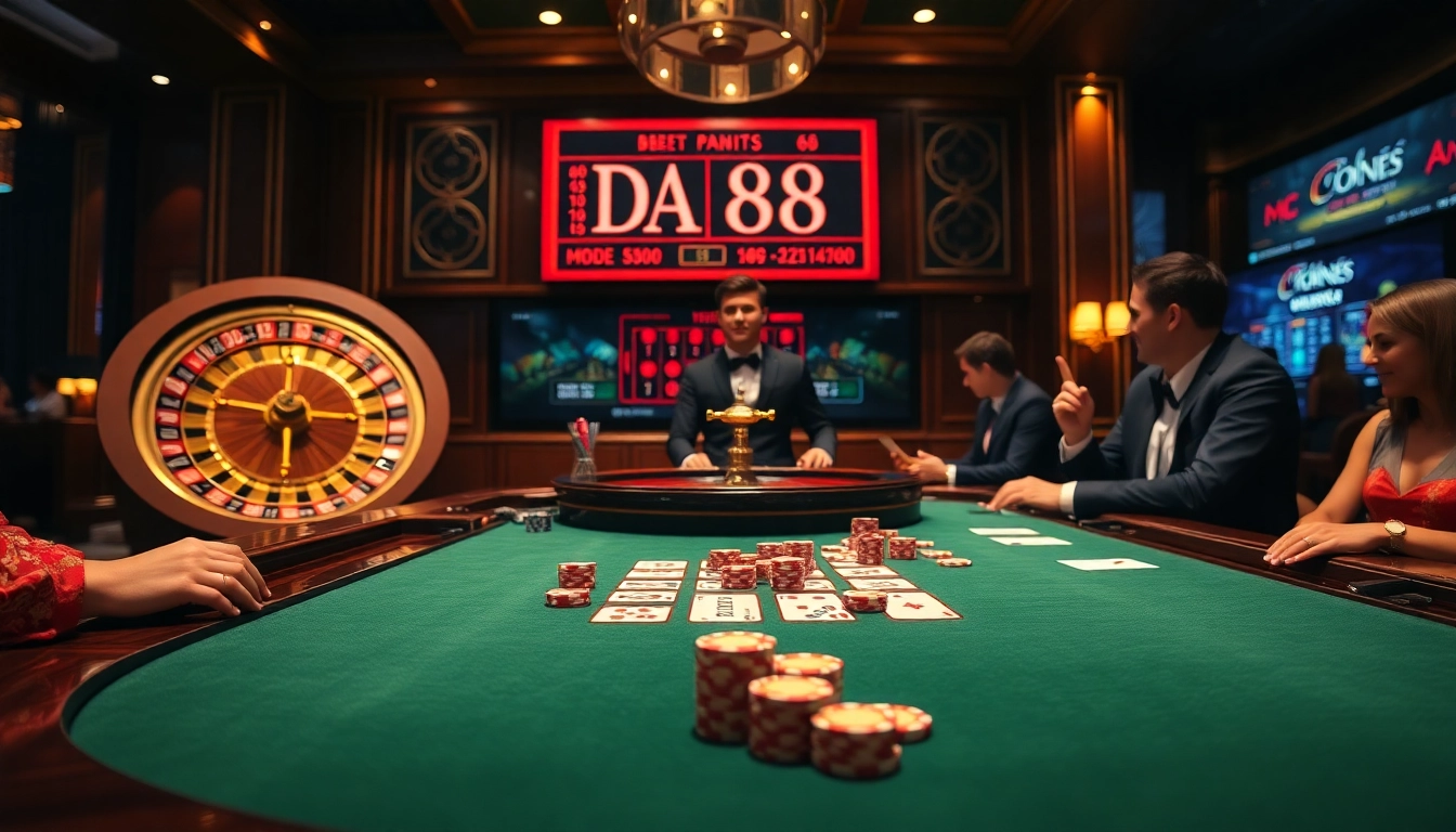 Experience the thrill of DA88 at a luxurious poker table in a vibrant casino setting.
