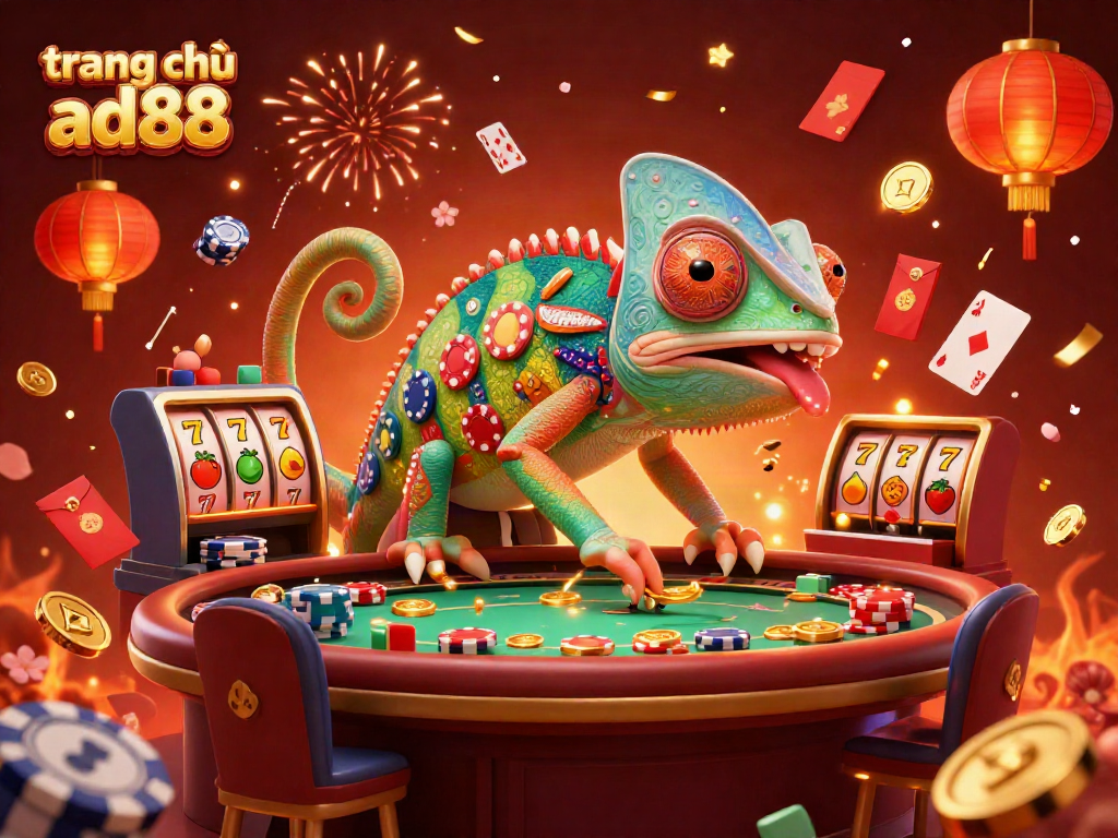 Engaging scene at trang chủ ad88 with a colorful chameleon casino owner and dynamic slot games.