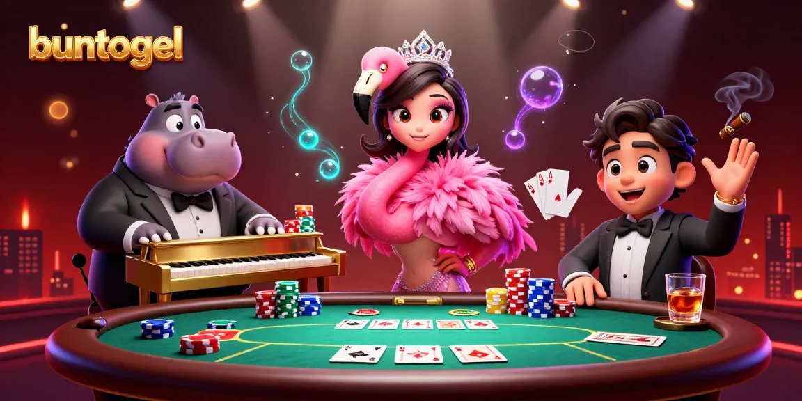 Engage with buntogel offers at a vibrant casino scene featuring flamingo and hippo musicians.