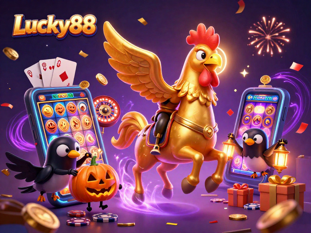 Experience the excitement of Lucky88 with a vibrant casino scene featuring a golden rooster and its companions.