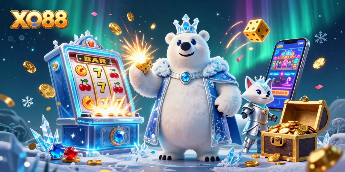 Win big at XO88 with an illustrated jackpot scene featuring a slot machine and casino elements.