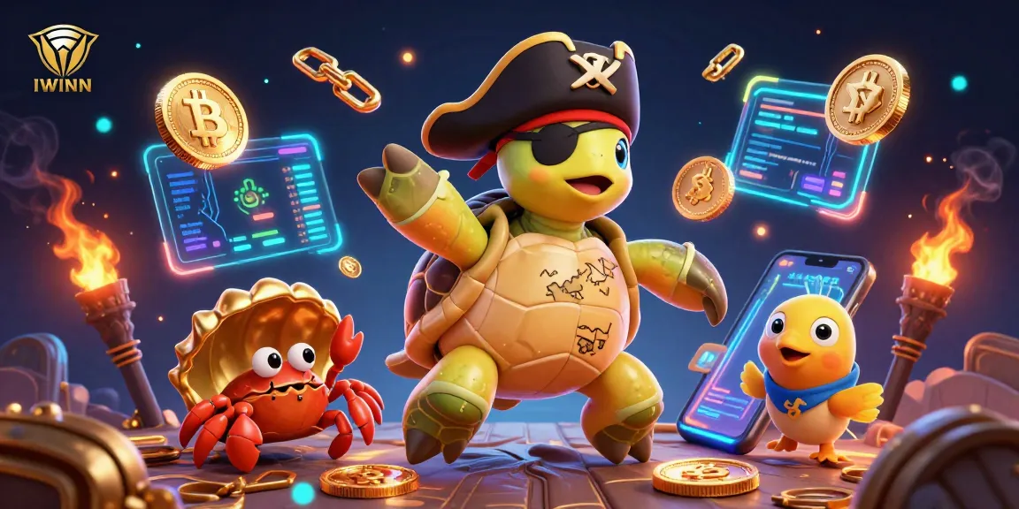 IWINN showcases a lively casino scene with a pirate turtle, hermit crab, and parrotfish among crypto coins.