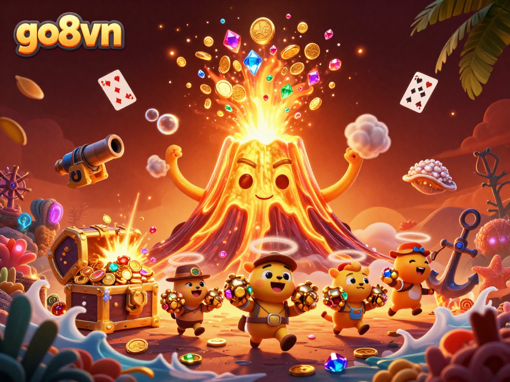 Experience the excitement of go8vn with a treasure-filled volcano scene, overflowing with gems and coins.