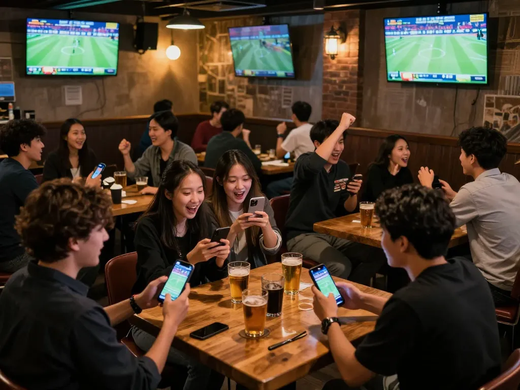 Patrons engaged in kèo bóng đá trực tuyến betting at a lively sports bar, enhancing the thrill of game viewing.