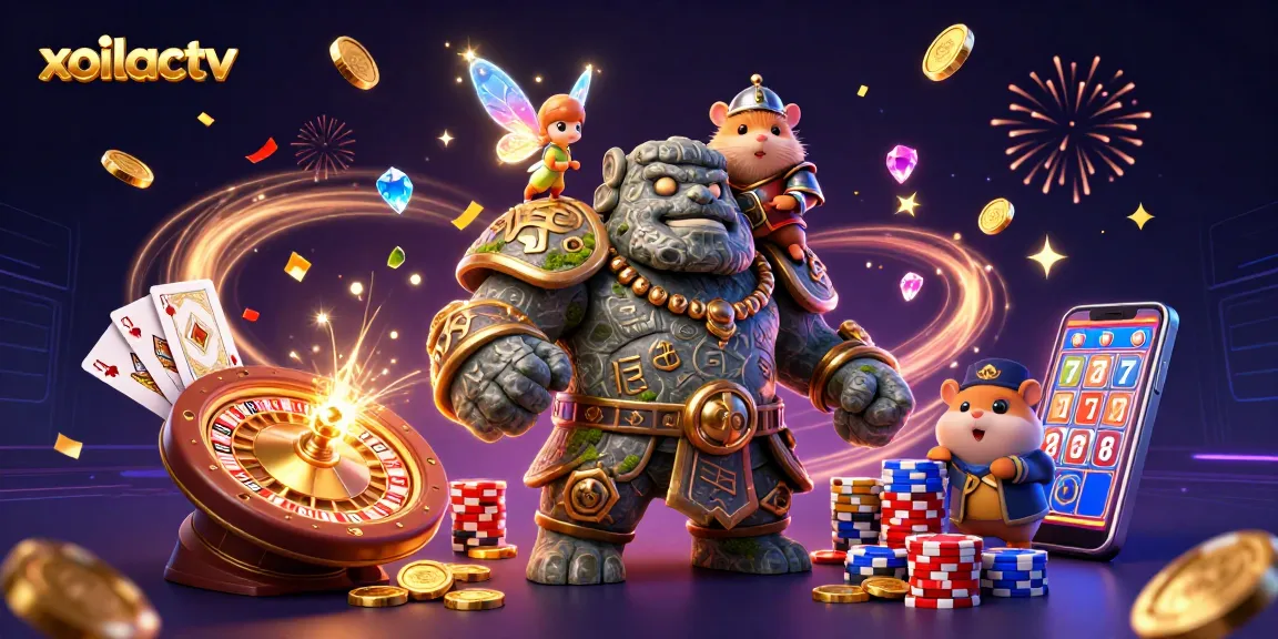 Experience rich gaming excitement with xoilactv featuring vibrant characters, sparkling coins, and dynamic casino elements.