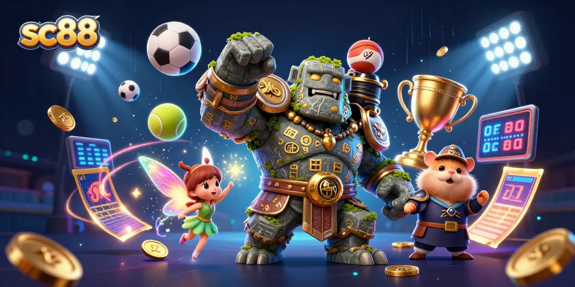 Engage with SC88's dynamic betting adventure featuring a magical golem guardian, fairy, and hamster knight.