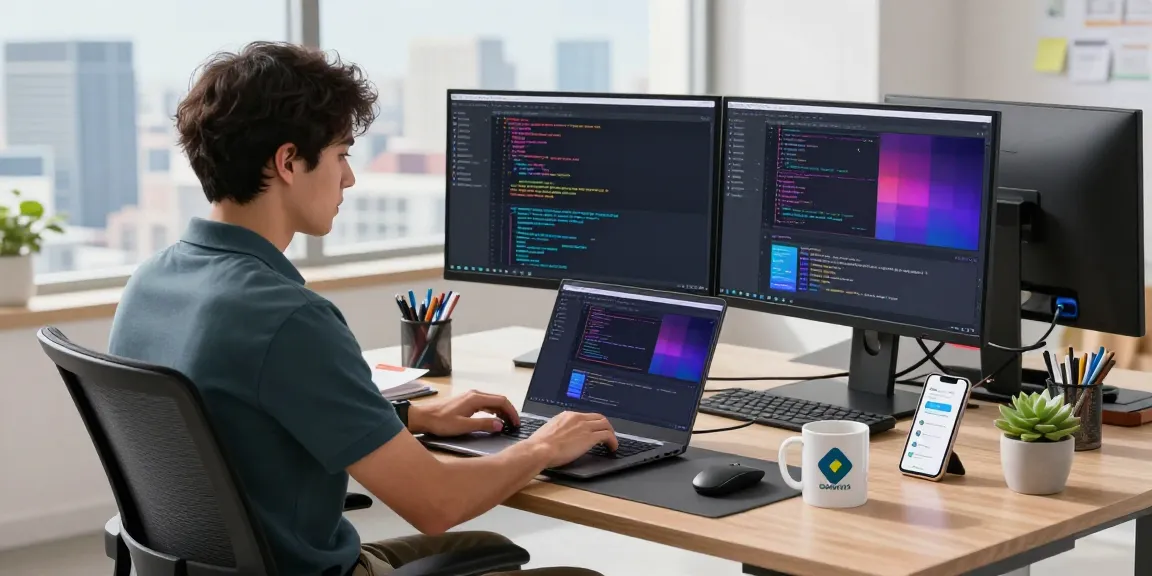 WPS Download tutorial with modern workspace showcasing coding and tech applications