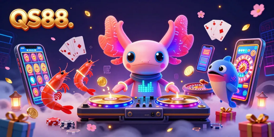 Enjoy thrilling gameplay with QS88's vibrant casino elements, featuring a DJ axolotl and dynamic gaming graphics.