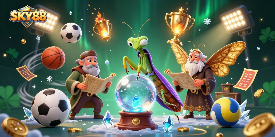 SKY88 showcases a vibrant 3D scene featuring a fortune teller surrounded by dynamic sports elements and captivating lighting.