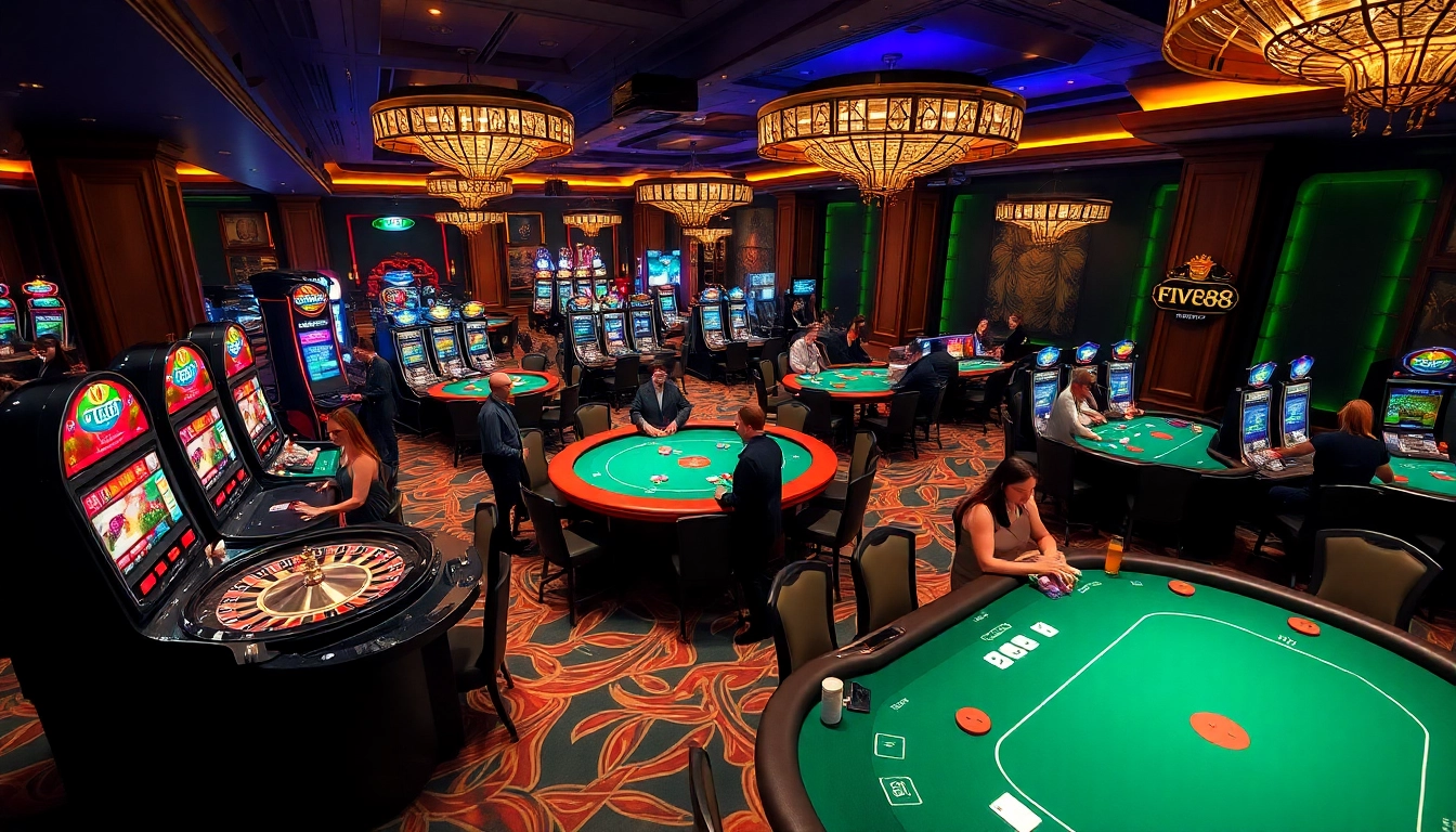 Experience the thrill of gambling with FIVE88's luxurious casino atmosphere filled with vibrant gaming tables.
