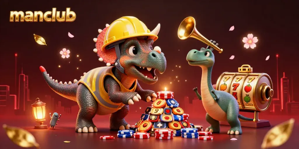 Join the manclub journey as the triceratops builds a winning poker chip pyramid in a festive casino atmosphere.