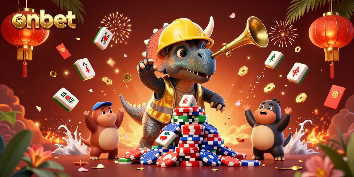 Experience thrilling wins at onbet with a festive illustration of vibrant 3D characters celebrating around poker chips.