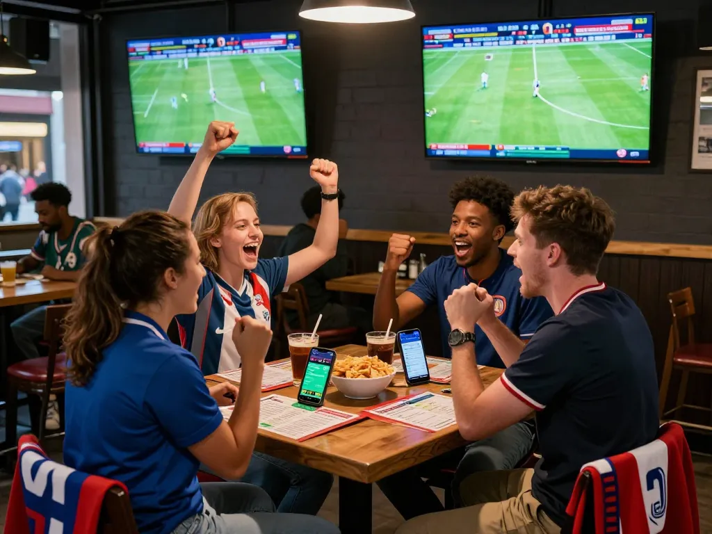 Cá độ bóng đá scene with friends enjoying live matches in a lively sports bar.