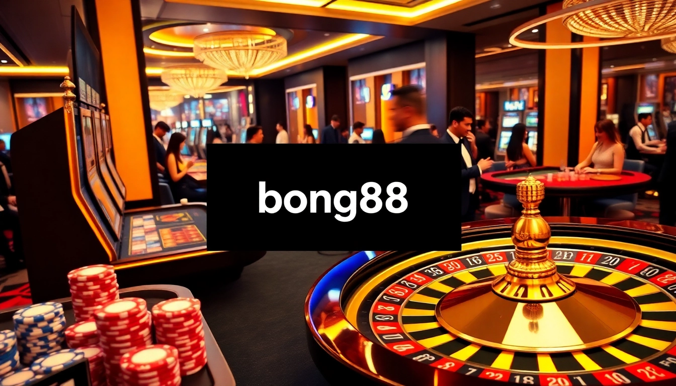 Bong88 players engaging at a luxurious casino table, showcasing vibrant chip stacks and thrilling games.